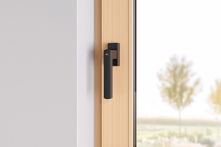 Black Roto Square window handle on a timber sash