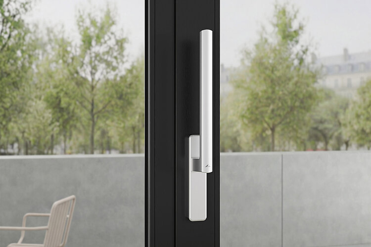 Silver Roto Square sliding handle for Roto Patio Lift on an aluminium sash