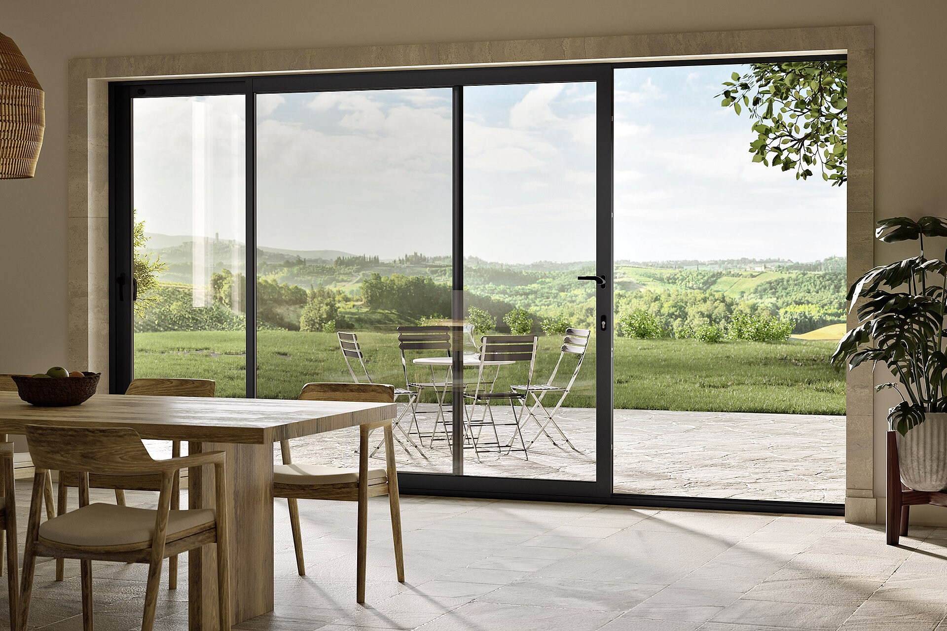 Roto Patio Inline | SR dans la salle à manger avec vue sur l'extérieur dans un paysage de collines